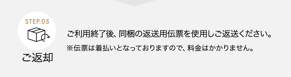 ご返却 ご利用終了後、同梱の返送用伝票を使用しご返送ください。※伝票は着払いとなっておりますので、料金はかかりません。